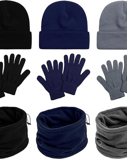 9 Pack Winter Beanies, Gloves, Neck Warmers Combo Set Unisex Adults Stretchy Thick Knit