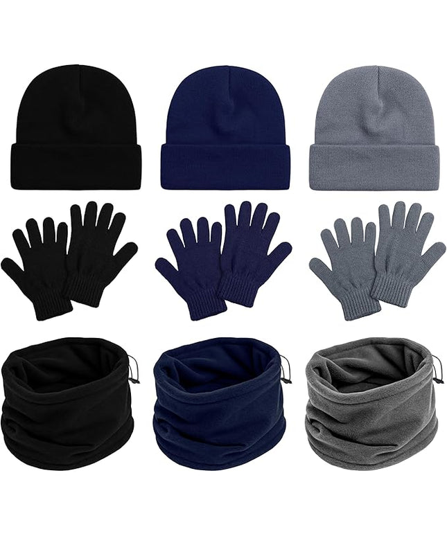 9 Pack Winter Beanies, Gloves, Neck Warmers Combo Set Unisex Adults Stretchy Thick Knit