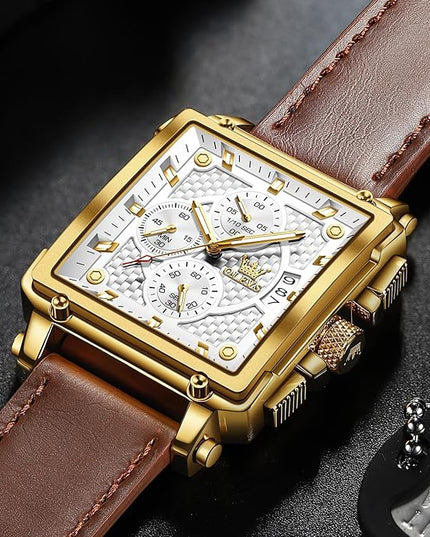 OLEVS Men's Chronograph Leather Watch, Big Face Easy to Read Analog Quartz Dress Watch, Casual Waterproof Luminous Hands Date Watches for Men, White/Blue/Black/Gold Dial
