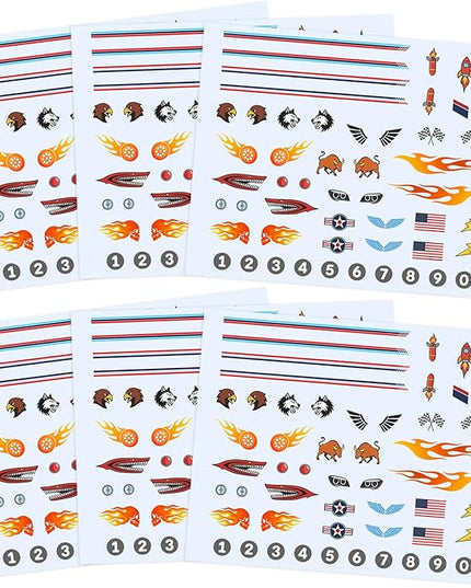 Derby Car Sticker Set for Pinewood Car Derby–Style Cars, Racing Numbers Flags Flames Animals Wings Lights Decals, Peel & Stick Waterproof Vinyl, 6 Sheets