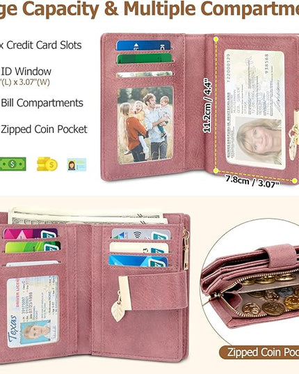 HUANLANG Small Women's Wallet Rfid Blocking Leather Bifold Credit Card Holder Ladies Wallet Zipper Pocket with ID Window
