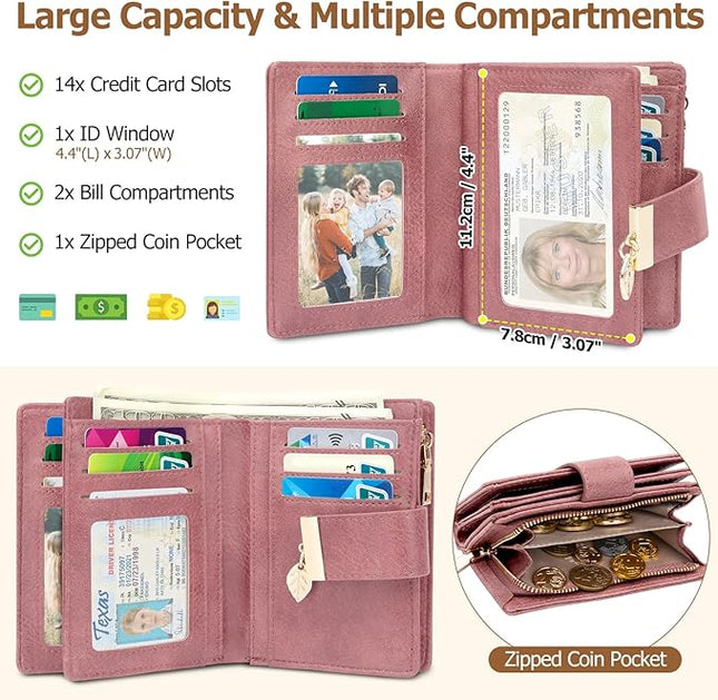 HUANLANG Small Women's Wallet Rfid Blocking Leather Bifold Credit Card Holder Ladies Wallet Zipper Pocket with ID Window