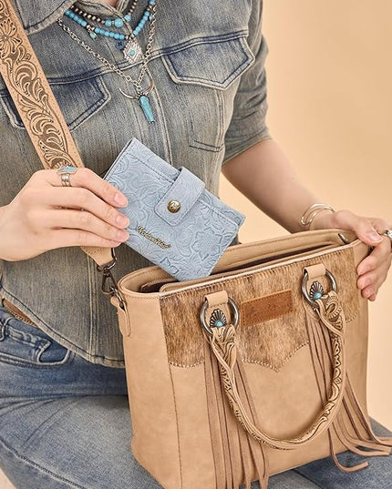 Montana West Small Wallet Women's Embossed Floral Wallet Trifold RFID Wallets Ladies Female Western Credit Card Cash Wallets Jeans Blue with ID Window
