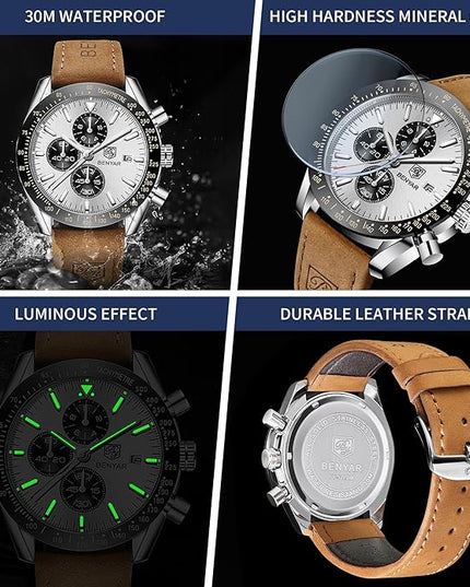 BY BENYAR Watch for Men Analog Quartz Chronograph Waterproof Luminous Designer Mens Wrist Watches Business Work Sport Casual Dress Watch with Silicone Strap Elegant Gifts for Men