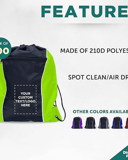 DISCOUNT PROMOS Two-Tone Drawstring Backpack Non-Woven - 100 pack - Customizable Text, Logo - Durable Sports Backpacks - Ideal for Work, Sports, Travel, Gym & More - Lime Green