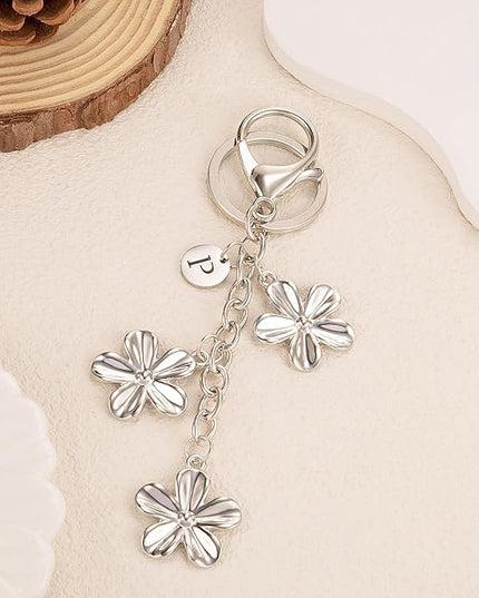 XGALBLA Gold/Silver Initial Keychain Flower Charms for Key Cute Letter Keyring for Purse Handbag Backpack