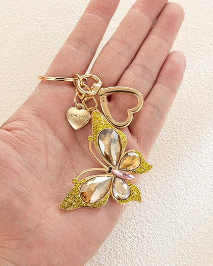 XGALBLA Cute Bling Crystals Rhinestone Butterfly KeyChain with Heart Pendant, Lovely Bag Charms for Handbags Purse Accessory