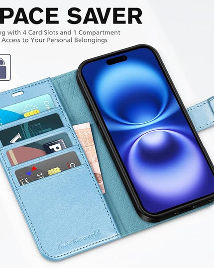 TUCCH Case Wallet for iPhone 16 5G, [RFID Blocking] 4 Card Holder Stand [Shockproof TPU Interior Case] PU Leather Magnetic Protective Flip Cover Compatible with iPhone 16, Shiny Light Blue