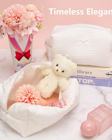 PAZIMIIK 6PCS Cozy Makeup Bag SET Travel Cosmetic Bag for Women Soft Toiletry Bag Aesthetic Makeup Organizer Portable Large Zipper Pouch for Skincare Beauty Accessories Brushes Embroidery White