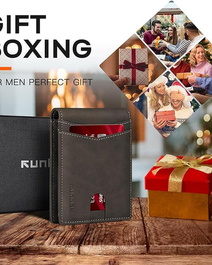 RUNBOX Wallet for Men Slim Leather Bifold RFID Blocking Minimalist Front Pocket Design with Gift Box
