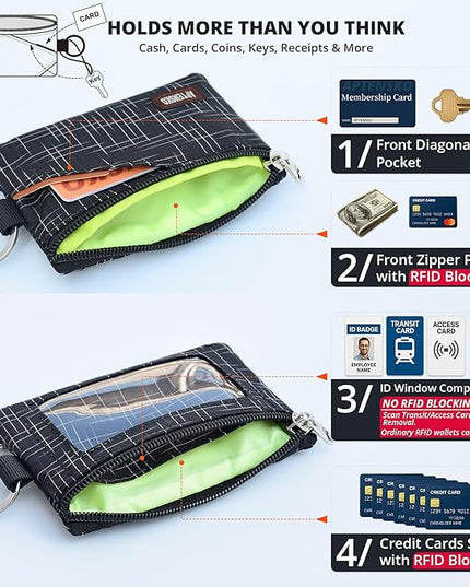 RFID Blocking Travel Wallet with Adjustable Lanyard, Small Nylon Zipper Pouch and Badge Holder for ID, Credit Cards, Cash, Keys, Commuters (BlackCrosshatch)