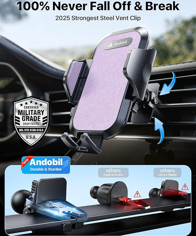 andobil 2026 Upgraded Car Phone Holder Mount, Military-Grade Phone Holders for Your Car Vent Stable Metal Clip Universal 360° Cell Phone Car Mount for iPhone 17 Pro Max 16/15/14/13/12/ Samsung, Purple