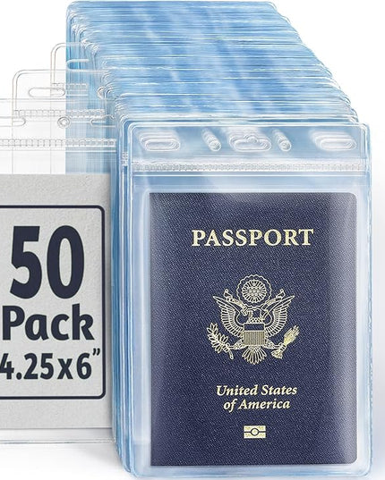 EcoEarth Passport & Identification Card Holders with Soft Edge (Clear, 4x6 Inch, 50 Pack), Extra Large Vertical ID Holder, Zipperless Plastic Name Badge Holders