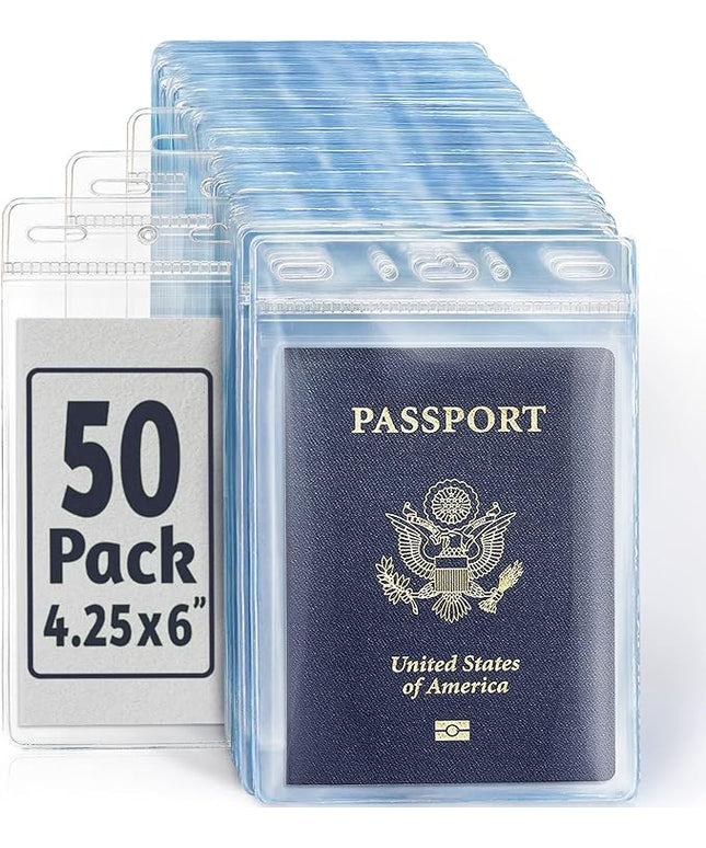 EcoEarth Passport & Identification Card Holders with Soft Edge (Clear, 4x6 Inch, 50 Pack), Extra Large Vertical ID Holder, Zipperless Plastic Name Badge Holders