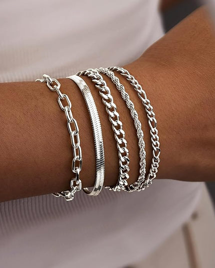Gold Bracelets Set for Women Stack, Dainty Thick Bracelets Stack for Women Trendy, Simple Thin Gold Plated Cuff Stackable Bracelets With Beaded Cuban Paperclip Snake Rope Bangle Hand Chain Jewelry Gifts for Women Non Tainish