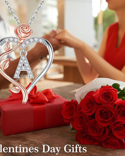 Iefil Christmas Gifts for Women Wife - 925 Sterling Silver Rose Heart Initial Necklace, Anniversary Birthday Gifts for Women, Jewelry Gift for Her Wife Girlfriend Mom Daughter