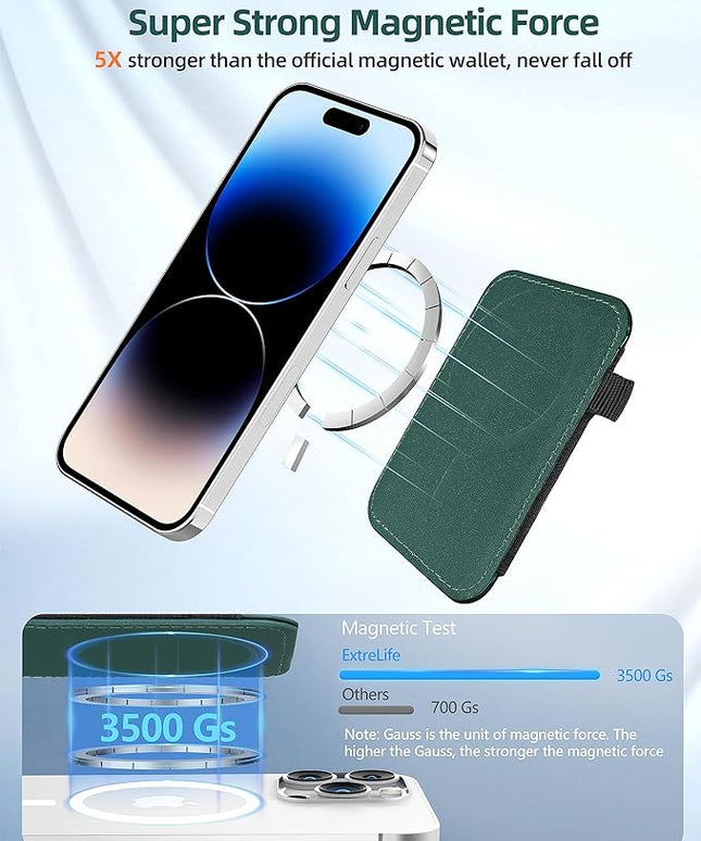 For Magsafe Wallet, Strongest Magnetic Wallet for iPhone 17/16/15/14/13/12 Series, for Magsafe Card Holder with 2 Card Slots, Magnetic Card Holder, RFID Blocking, Vegan Leather, Hold 7 Cards, Green