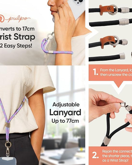 Pulpo 2 in 1 Anti Theft Phone Lanyard and Wrist Strap for iPhone and Android, Adjustable Cell Phone Leash and Universal Tether, Hands Free Strap for Travel Running and Everyday Use, Lavender & Blue