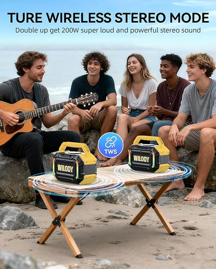Wilody Speakers Bluetooth Wireless, 100W Loud Outdoor Speaker with Bass, IPX7 Waterproof Floatable, 20H Playtime, Wireless Charge, TWS, RGB Light, Portable Speaker for Work, Garage, Outdoor (Yellow)