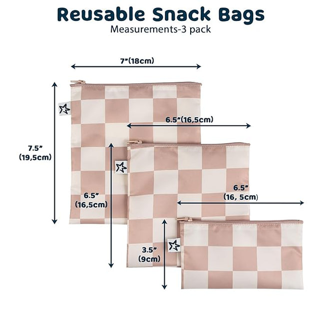 Tiny Twinkle Reusable Snack Bags for Kids – 3 Pack Snack Pouches & Sandwich Bag for Toddlers – Machine Washable, Mess-Proof for Lunch & Travel (Beige Checkers)