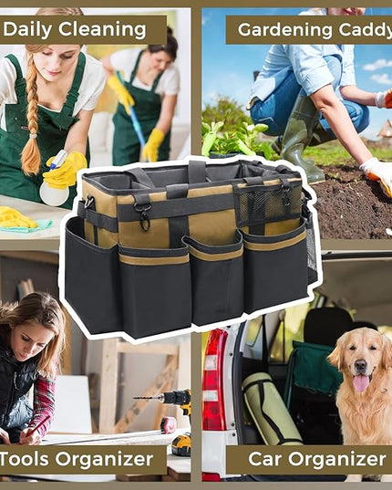 Wearable Cleaning Caddy Organizer with Handle & Shoulder Straps for Housekeepers, Under Sink & Car Cleaning Tool Organizer Bag with 4 Foldable Dividers (Tan)