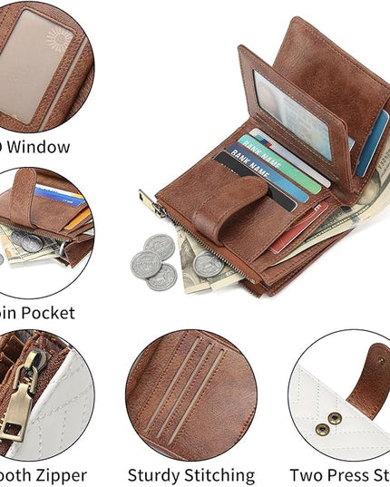 GAEKEAO Small Wallet for Women, Bifold Leather RFID Blocking Ladies Compact Card Holder with Zipper Pocket & ID Window