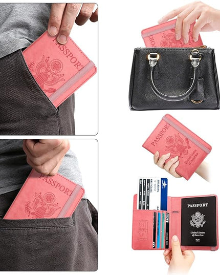 WALNEW Passport Holder for Travel, RFID Passport Cover Wallet for Women Men, PU Leather Passport Book Card Holder Case with Pen, Travelling Essentials for Flying