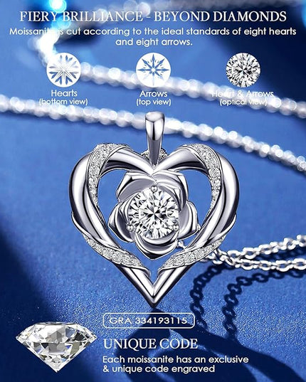 Beam & Bask Rose Flower Heart Moissanite Necklaces for Wife, S925 Silver Pendant for Women, 18K Gold Plated Jewelry for Her Girlfriend Mom for Anniversary Birthday