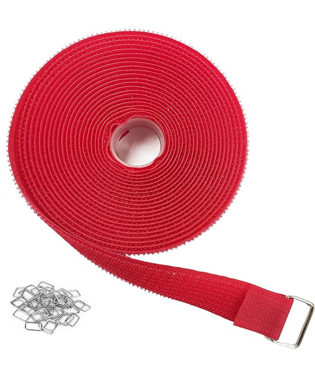 1"x16ft Hook and Loop Straps with 25 Metal Buckles, Adjustable Fastening Cable Straps, Cut-to-Length Cinch Strap, Reusable Nylon Securing Cord Ties for Organizer or Storage, 1 inch Wide,Red