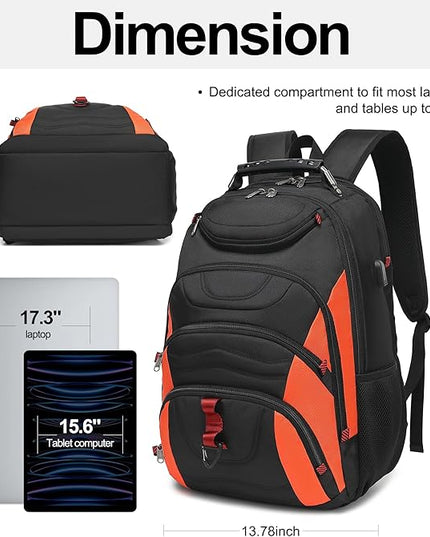 Boavan Laptop Backpack for men, 17.3 inch Laptop Bag with USB Port, Waterproof Travel Work Backpack Purse, Anti-Theft Teacher Nurse Doctor Casual Bookbags Office Business backpack，Black&Orange