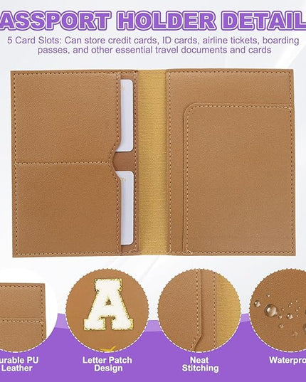 PATIKIL Passport Holder for Travel, Initial Passport Cover and Luggage Tag Set with Alphabet Chenille Letter Patch Travel Wallet Bag Suitcase Identifier for Women Family Travel Brown A