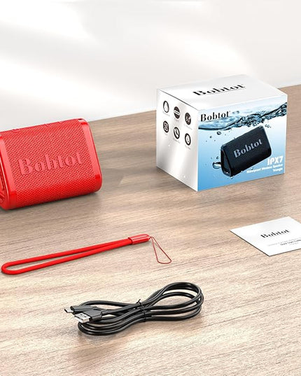 Bobtot Portable Bluetooth Speaker Wireless, IPX7 Small Shower Speaker Waterproof, 15H Playing Time, Loud and Stereo Sound with Bass, TWS Pairing for Party, Camping, Travel, Red