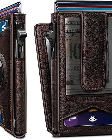 miyozi Airtag Wallet for Men Money Clip 9-Card Pop-Up Credit Card Holder with ID Window RFID Blocking Metal Case Magnetic Closure Front Pocket Wallet Gift Box