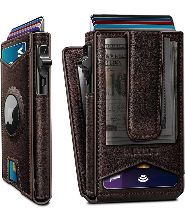 miyozi Airtag Wallet for Men Money Clip 9-Card Pop-Up Credit Card Holder with ID Window RFID Blocking Metal Case Magnetic Closure Front Pocket Wallet Gift Box