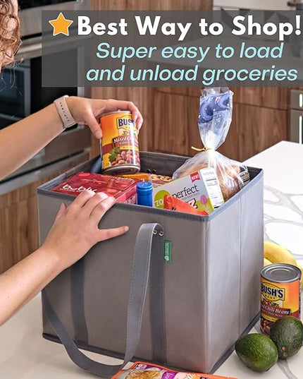 Reusable Grocery Bags (3 Pack) – Heavy Duty Reusable Shopping Bags with Box Shape to Stand Up and Stay Open – Large Tote Bags with Long Handles & Reinforced Bottom – Foldable Utility Bag – Chevron