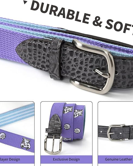 Mile High Life Golf Belts for Men, Canvas Belt with Genuine Leather Tips, Embroidered 2 Layer Web Belt with Pin Buckle