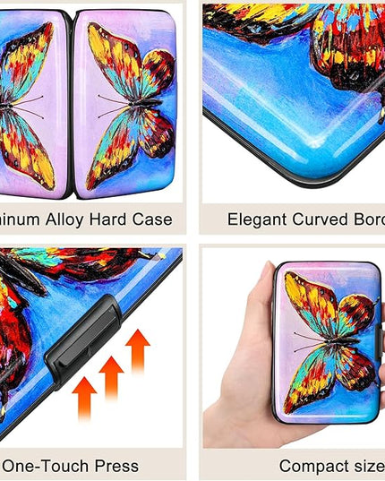ELFISH RFID Blocking Credit Card Protector Aluminum ID Case Hard Shell Business Card Holders Metal Wallet for Men or Women (One Butterfly)