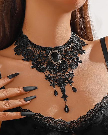 Fesciory Black Necklaces for Women, Adjustable Layered Velvet Leather Lace Collar Necklace, Goth Jewelry Gifts.
