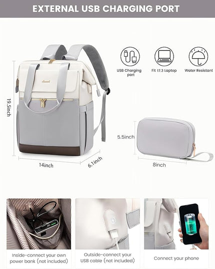 LOVEVOOK 17.3 Inch Laptop Backpack for Women, Large Capacity Travel Backpack with Organizer Bag, Waterproof Carry on Backpack Work Bag with USB Port, Teacher Nurse Backpack Purse,2PCS,Beige-Light Grey