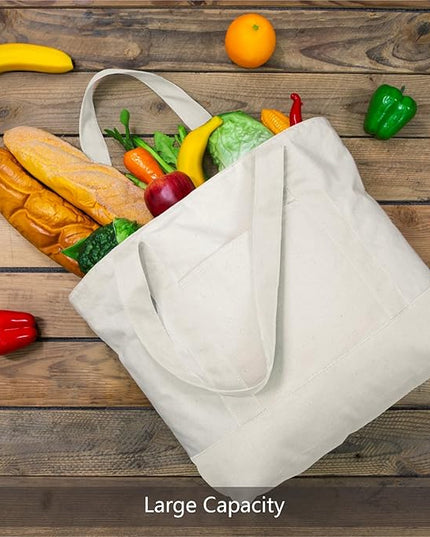 TOPDesign 6-Pack Canvas Tote Bags with an External Pocket, Reusable Grocery Shopping Bags, Top Zipper Closure, Daily Essentials (Natural)