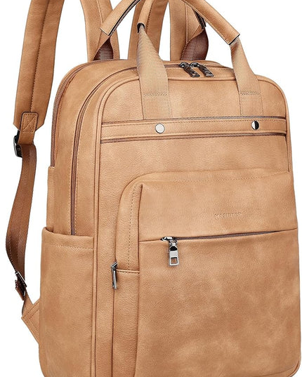MASINTOR Leather Laptop Backpack for Women, Stylish Computer Backpack College Business Work Shoulder Bags Work and Travel Retro Camel