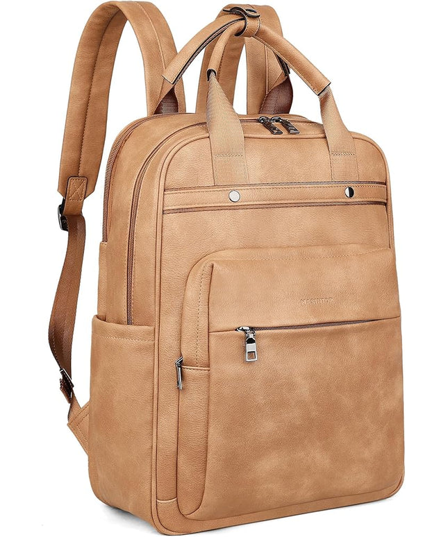 MASINTOR Leather Laptop Backpack for Women, Stylish Computer Backpack College Business Work Shoulder Bags Work and Travel Retro Camel