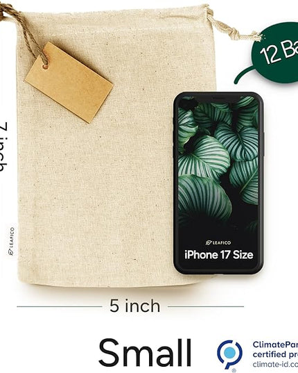 LEAFICO Organic Cotton Reusable Produce Bags - Small 5x7 (12 Pack) - Biodegradable Eco-Friendly Bulk Bin Sacks for Food - Cloth Bags with Drawstrings - Linen Pouch for Fruit, Vegetable Storage