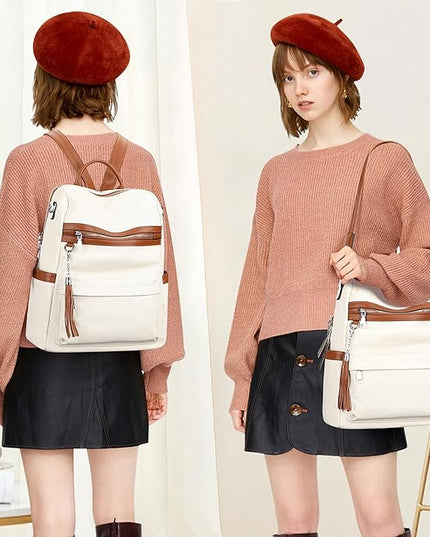 ALTOSY Genuine Leather Backpack Purse for Women Convertible Shoulder bag Soft Crossdody Bag with Laptop Compartment Large (S108 White/Brown)