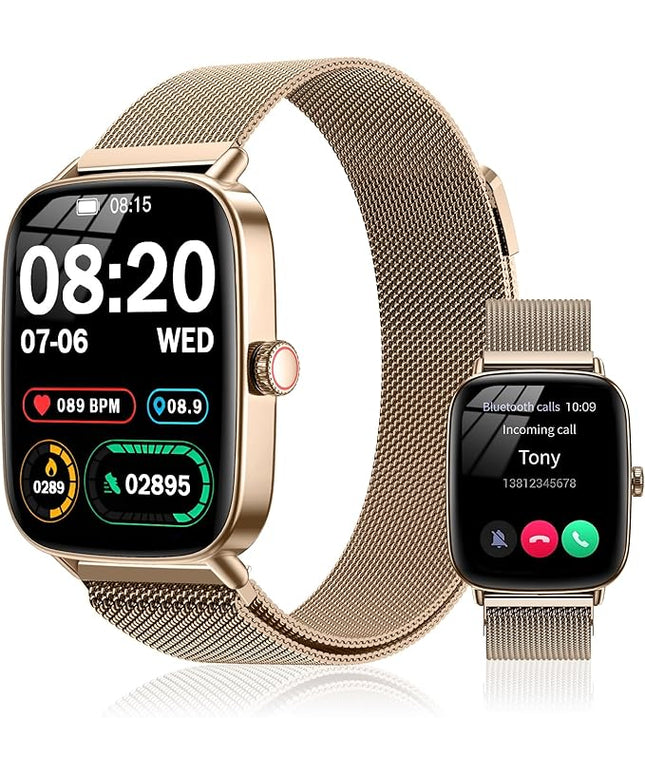 Smart Watch for Women(2 Bands), 1.85" HD Fitness Tracker screen with Call Function, IP68 Waterproof, 100+ Sport Modes, Blood Oxygen Monitor/ Heart Rate/Sleep Monitor, iOS Android Compatible ( Golden)