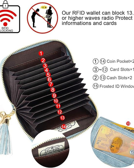 APHISON RFID Credit Card Holder Zipper Card Case Keychain Small Wallet for Women 1927 BLUE