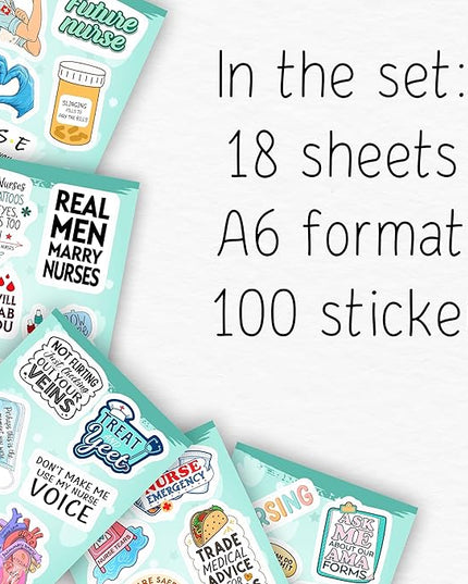 100Pcs Funny Nurse Stickers for Water Bottle, Laptop - Nurse Appreciation Gifts, RN Party Supplies - Nursing Week, Healthcare Medical Hospital Stickers