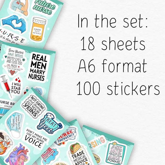 100Pcs Funny Nurse Stickers for Water Bottle, Laptop - Nurse Appreciation Gifts, RN Party Supplies - Nursing Week, Healthcare Medical Hospital Stickers