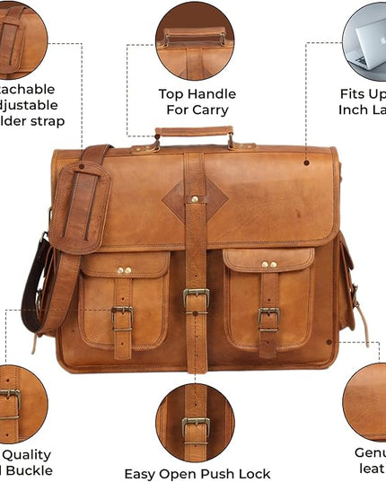 Vintage Leather Laptop Bag for Men Full Grain Large Leather Messenger bag for men 18 inches with rustic look Brown briefcase (Tan)