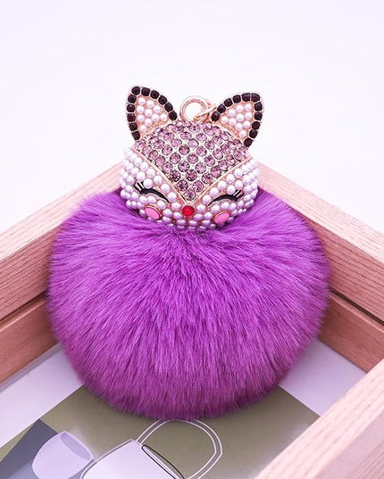 Faux Rabbit Fur Ball Pom Pom Keychain with Fox Head Studded with pearl Rhinestone for Womens Bag Car Key Decoration